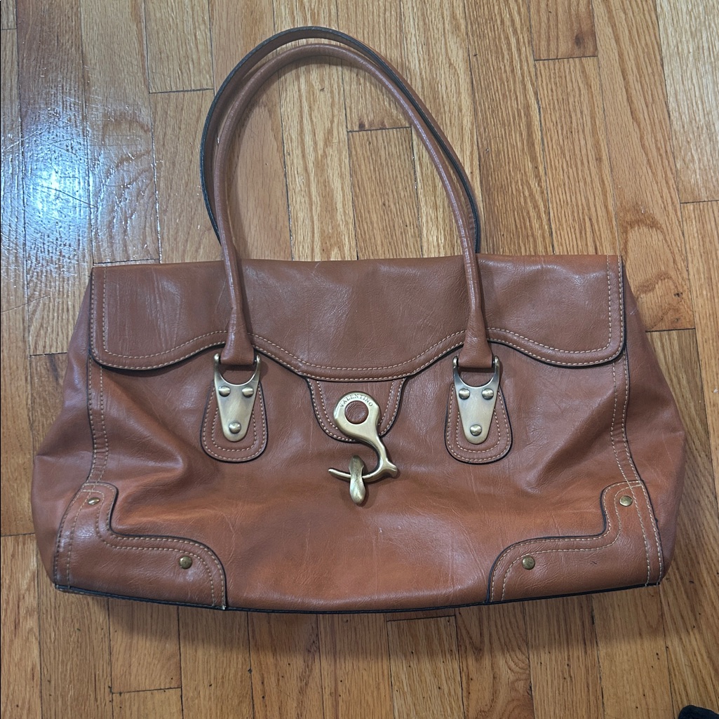 Brown Italian Leather Handbag With Gold Accents